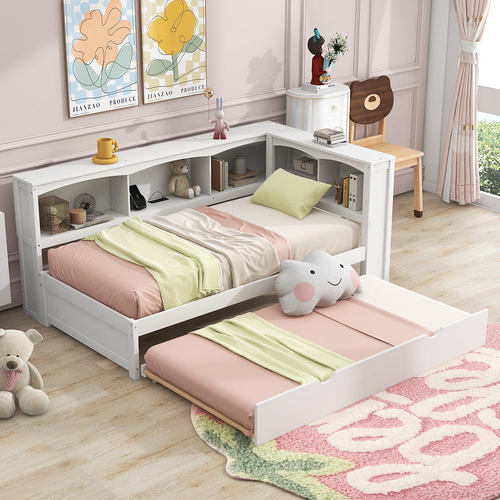 Twin Size Daybed with Trundle, Storage Cabinets and USB Ports, White image 1