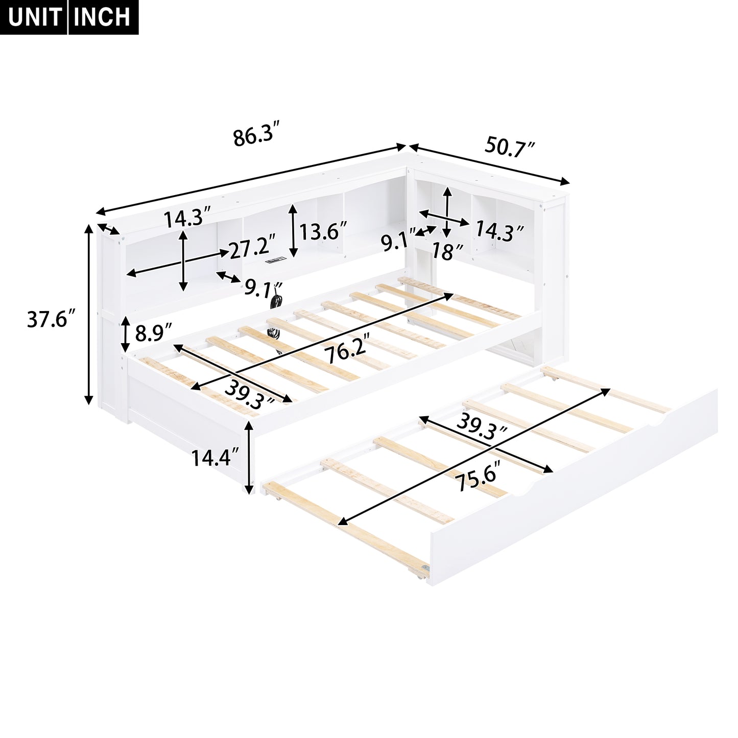 Twin Size Daybed with Trundle, Storage Cabinets and USB Ports, White image 6