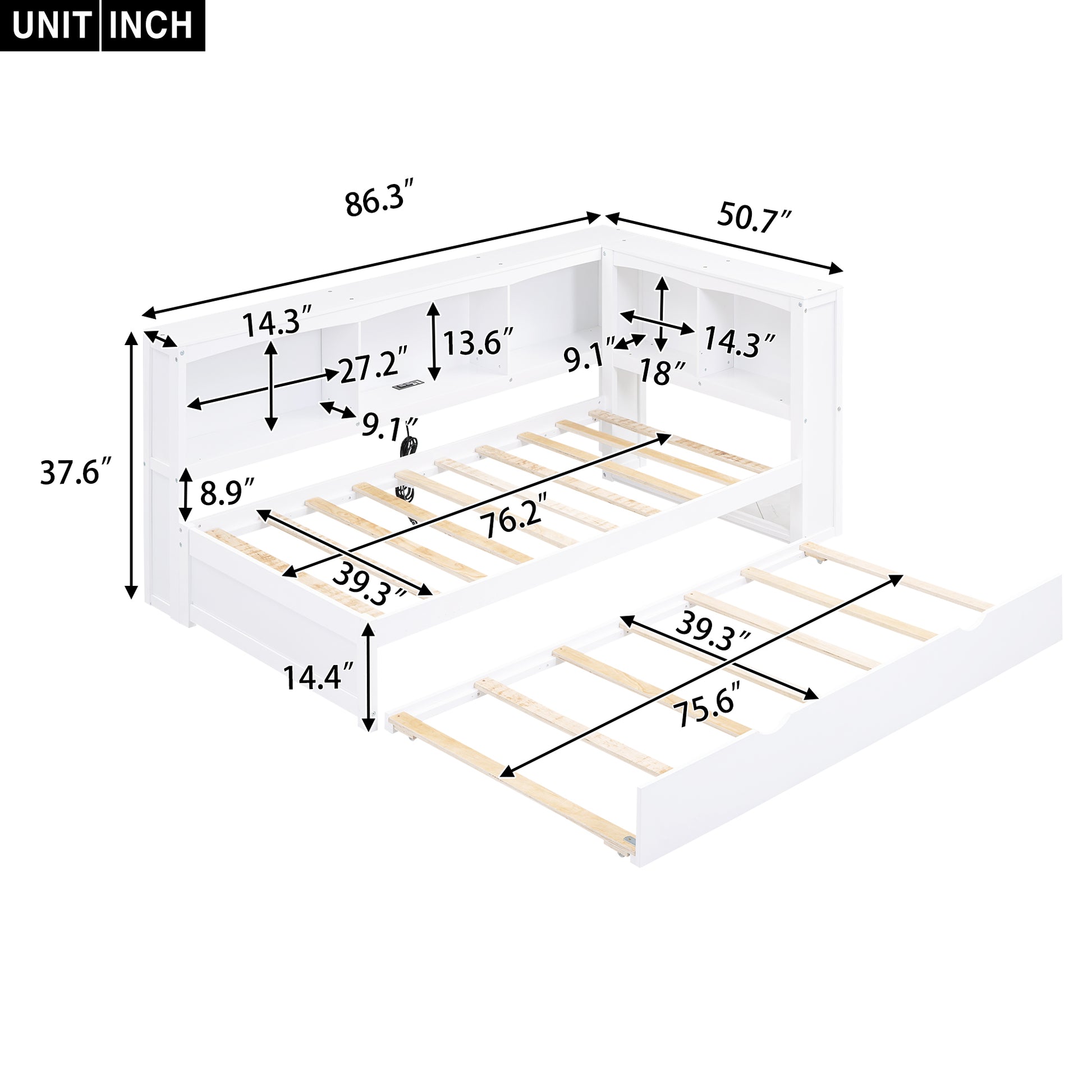 Twin Size Daybed with Trundle, Storage Cabinets and USB Ports, White image 6