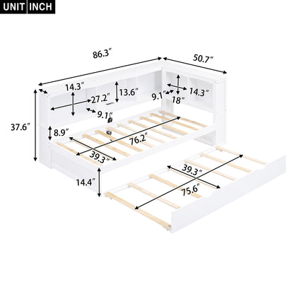 Twin Size Daybed with Trundle, Storage Cabinets and USB Ports, White image 6