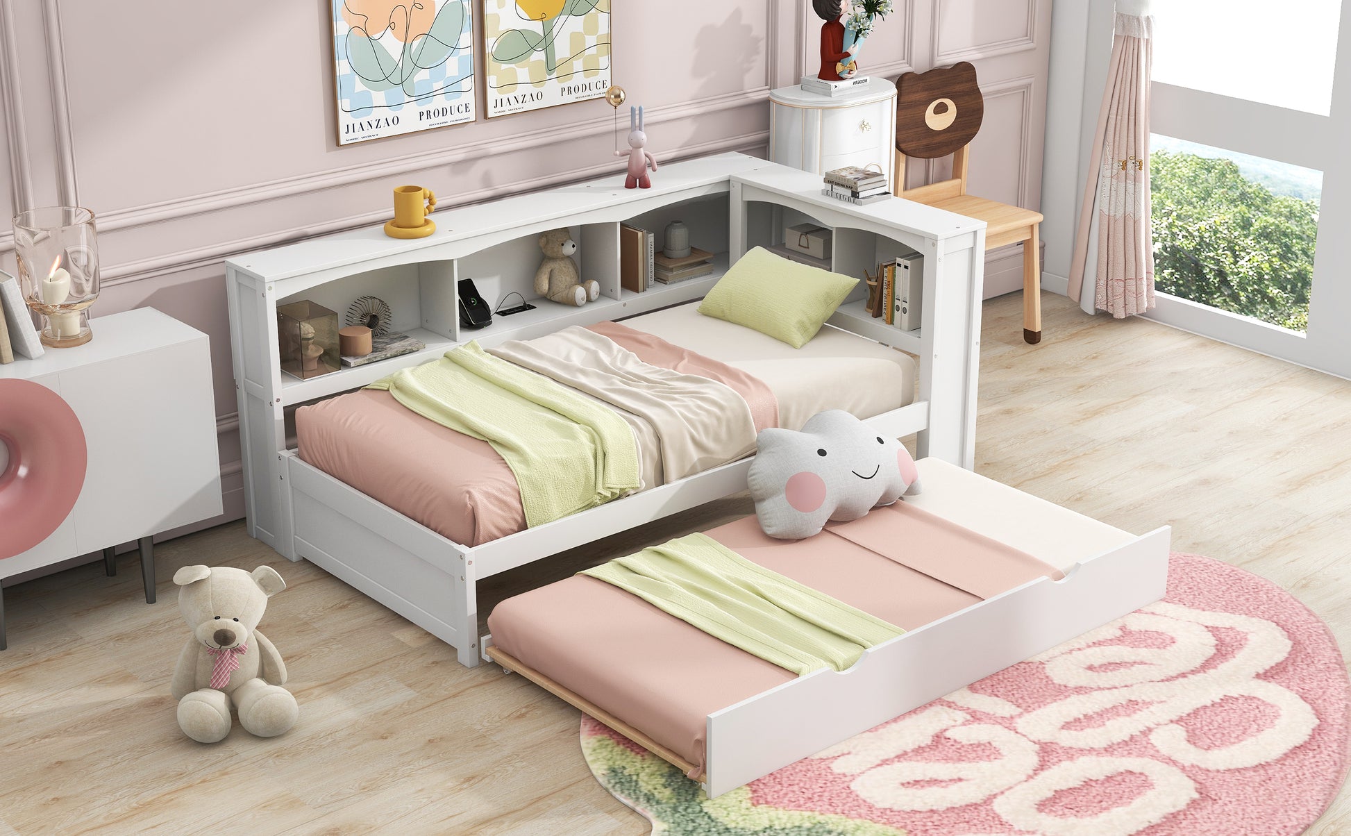 Twin Size Daybed with Trundle, Storage Cabinets and USB Ports, White image 4