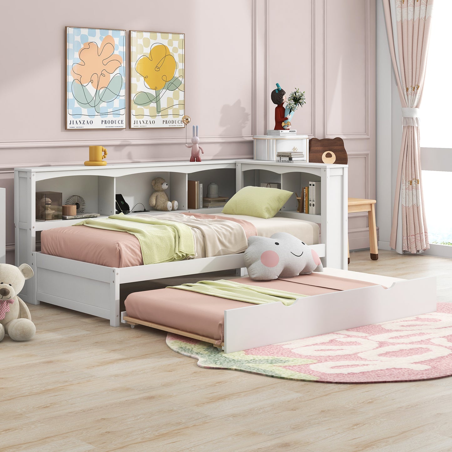 Twin Size Daybed with Trundle, Storage Cabinets and USB Ports, White image 3