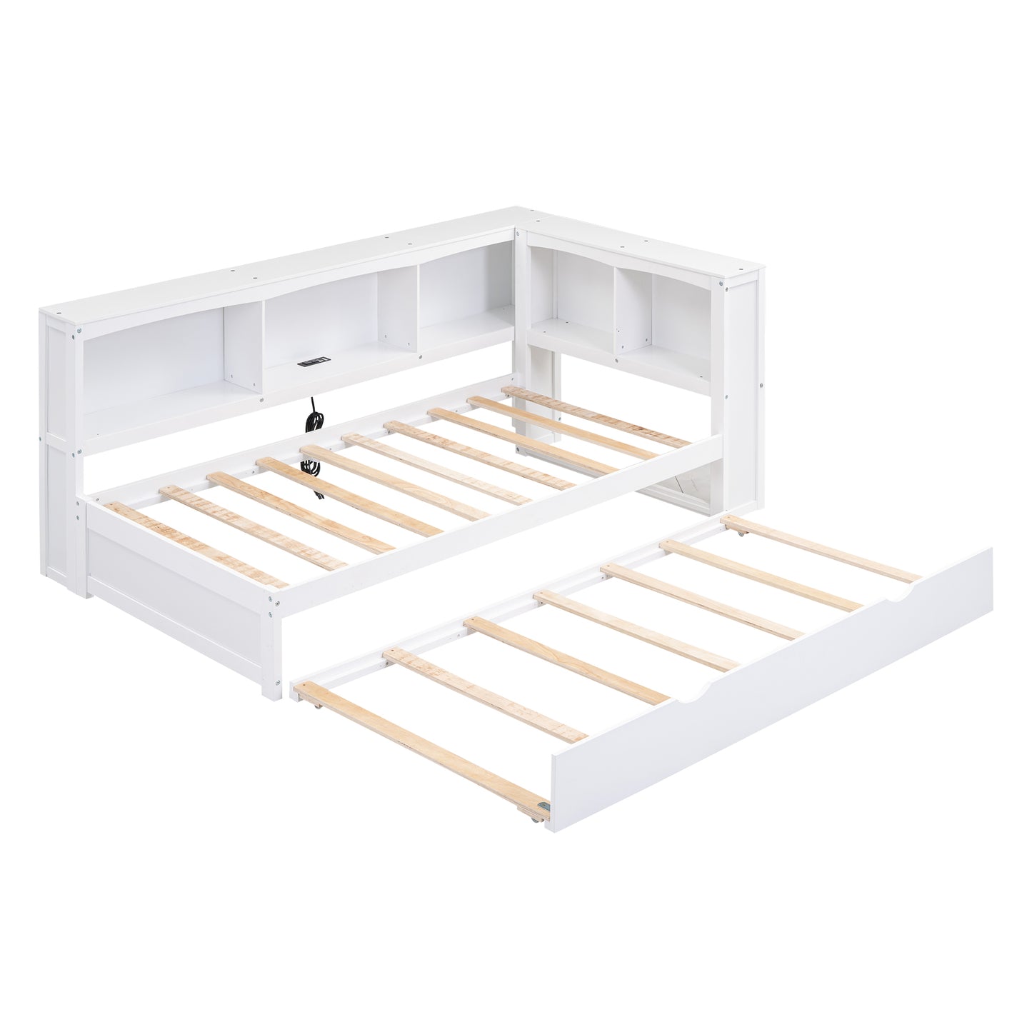 Twin Size Daybed with Trundle, Storage Cabinets and USB Ports, White image 12