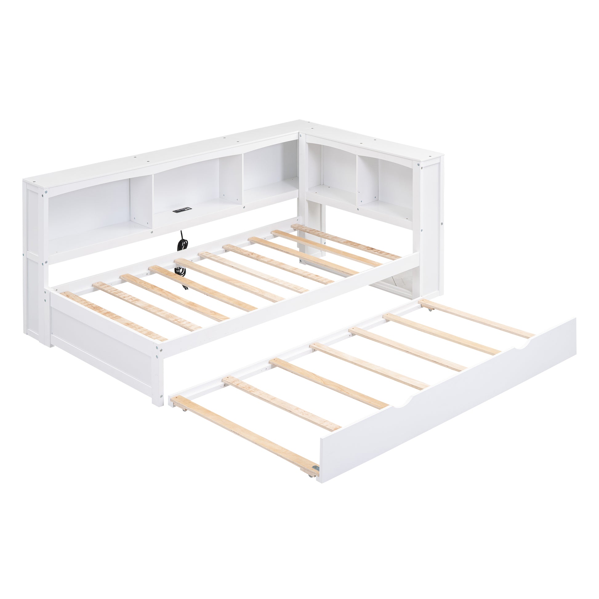 Twin Size Daybed with Trundle, Storage Cabinets and USB Ports, White image 12