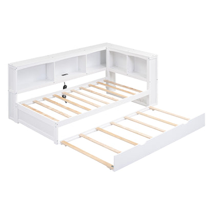 Twin Size Daybed with Trundle, Storage Cabinets and USB Ports, White image 12