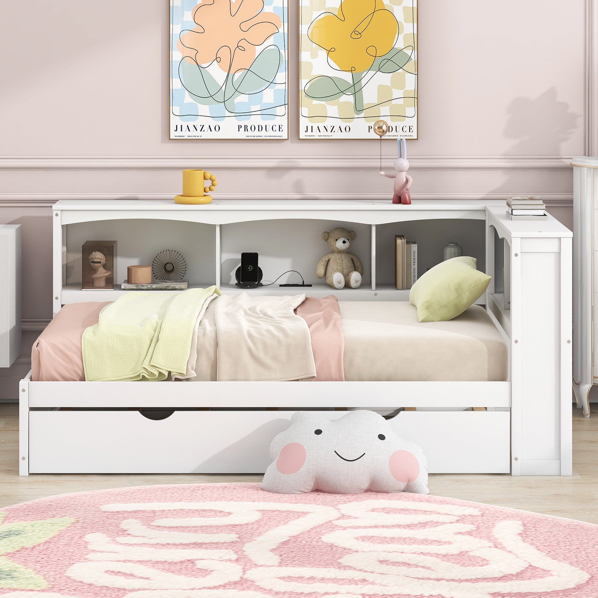 Twin Size Daybed with Trundle, Storage Cabinets and USB Ports, White image 2