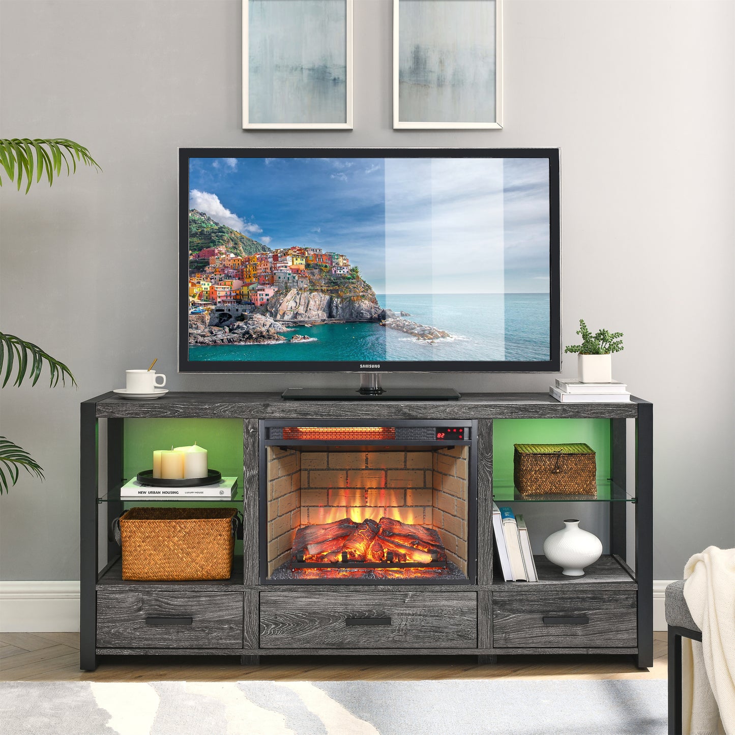 23 inch infrared quartz heater fireplace insert -woodlog version with brick image 2