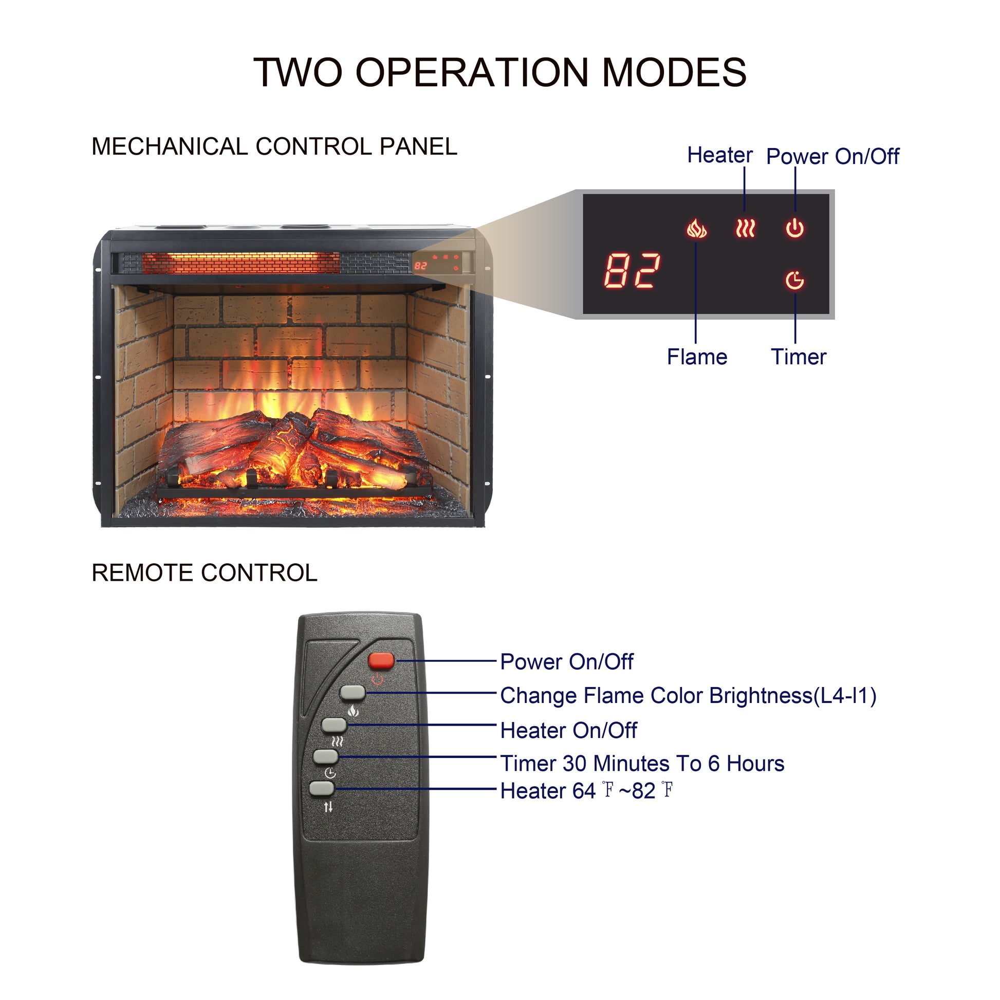 23 inch infrared quartz heater fireplace insert -woodlog version with brick image 4