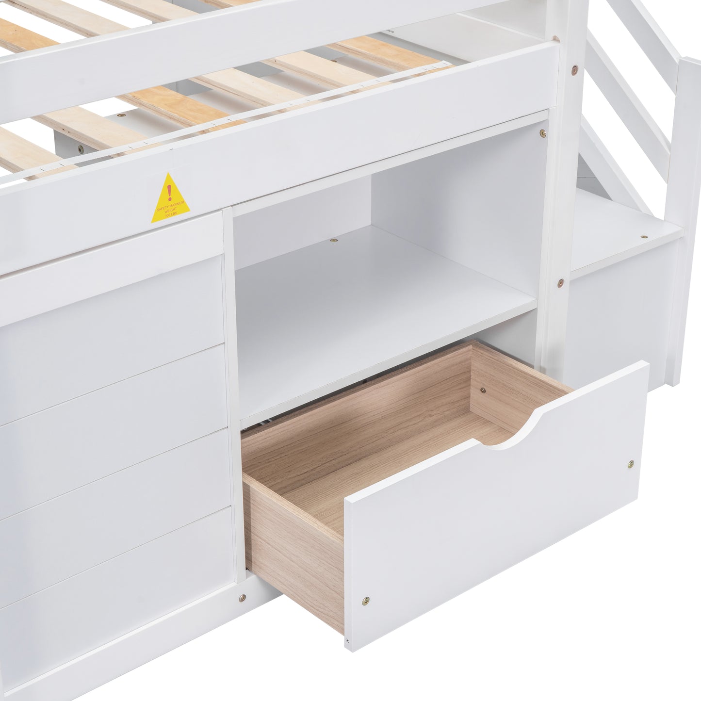 TWIN BED, SOLID WOOD TWIN SIZE LOW LOFT BED WITH STAIR, DRAWER, AND SHELF OF WHITE COLOR image 10