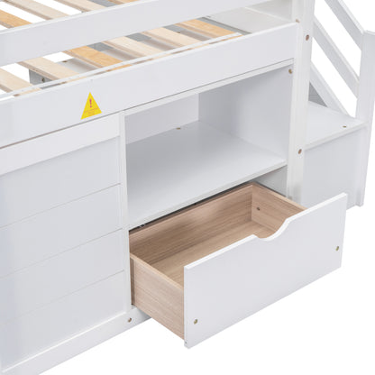 TWIN BED, SOLID WOOD TWIN SIZE LOW LOFT BED WITH STAIR, DRAWER, AND SHELF OF WHITE COLOR image 10