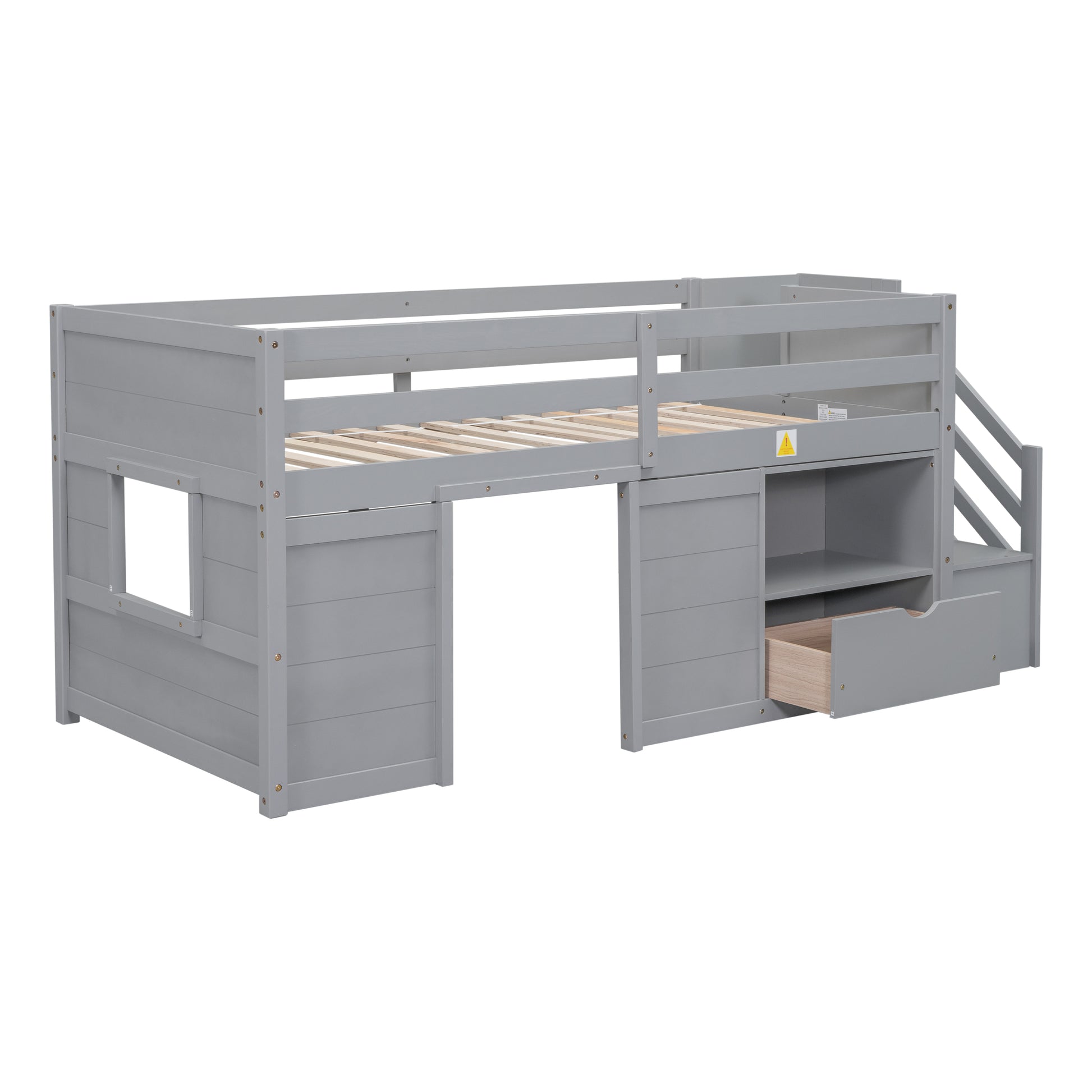 TWIN BED, SOLID WOOD TWIN SIZE LOW LOFT BED WITH STAIR, DRAWER, AND SHELF OF GREY COLOR image 7
