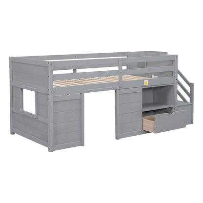 TWIN BED, SOLID WOOD TWIN SIZE LOW LOFT BED WITH STAIR, DRAWER, AND SHELF OF GREY COLOR image 7