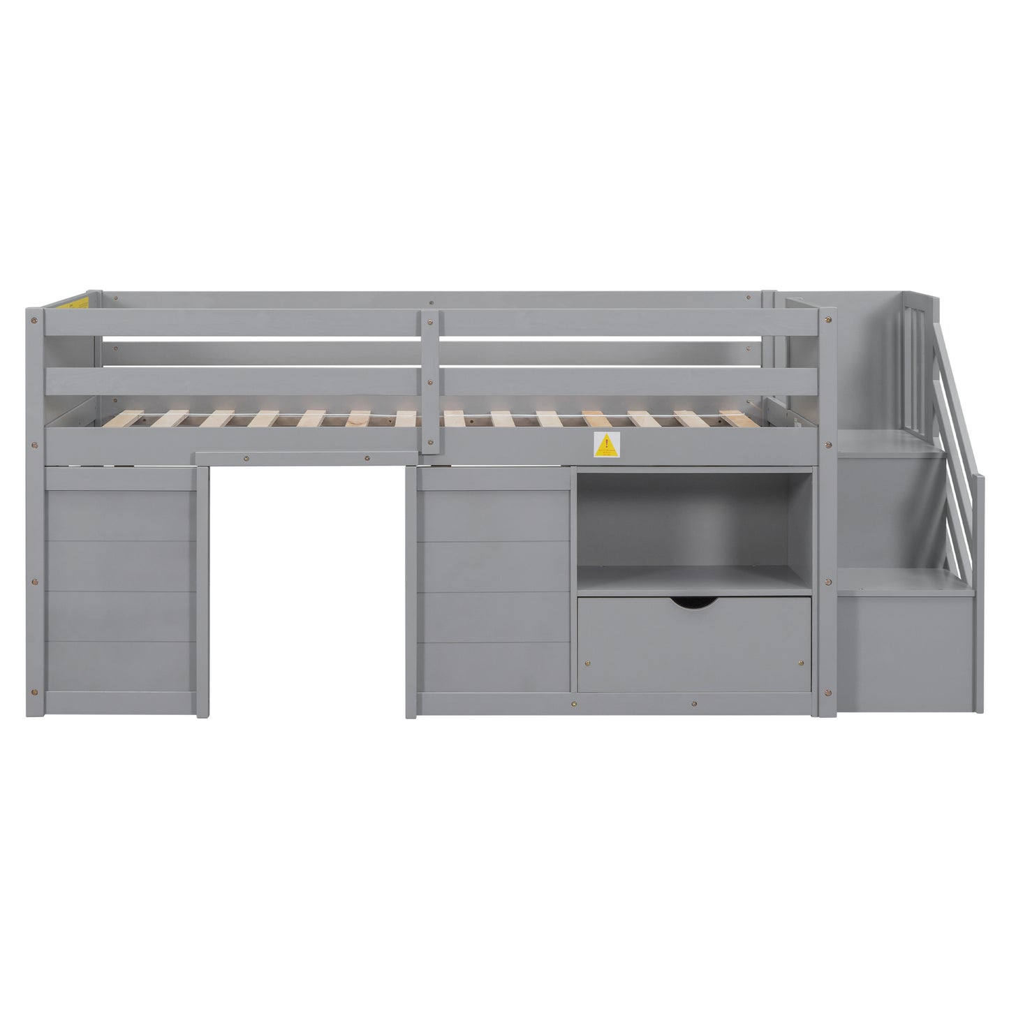 TWIN BED, SOLID WOOD TWIN SIZE LOW LOFT BED WITH STAIR, DRAWER, AND SHELF OF GREY COLOR image 8