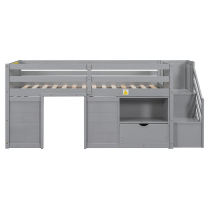 TWIN BED, SOLID WOOD TWIN SIZE LOW LOFT BED WITH STAIR, DRAWER, AND SHELF OF GREY COLOR image 8