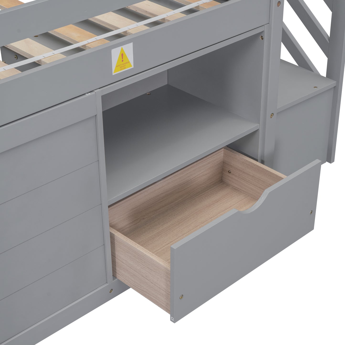 TWIN BED, SOLID WOOD TWIN SIZE LOW LOFT BED WITH STAIR, DRAWER, AND SHELF OF GREY COLOR image 11
