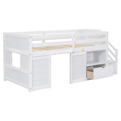 TWIN BED, SOLID WOOD TWIN SIZE LOW LOFT BED WITH STAIR, DRAWER, AND SHELF OF WHITE COLOR image 12