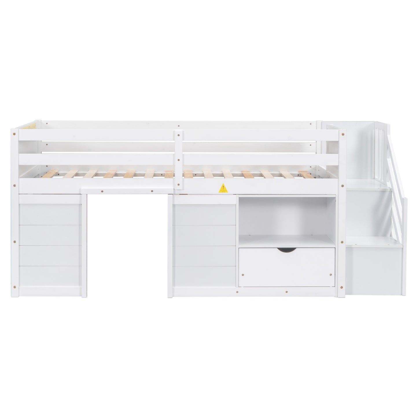 TWIN BED, SOLID WOOD TWIN SIZE LOW LOFT BED WITH STAIR, DRAWER, AND SHELF OF WHITE COLOR image 11