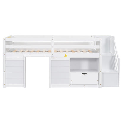 TWIN BED, SOLID WOOD TWIN SIZE LOW LOFT BED WITH STAIR, DRAWER, AND SHELF OF WHITE COLOR image 11