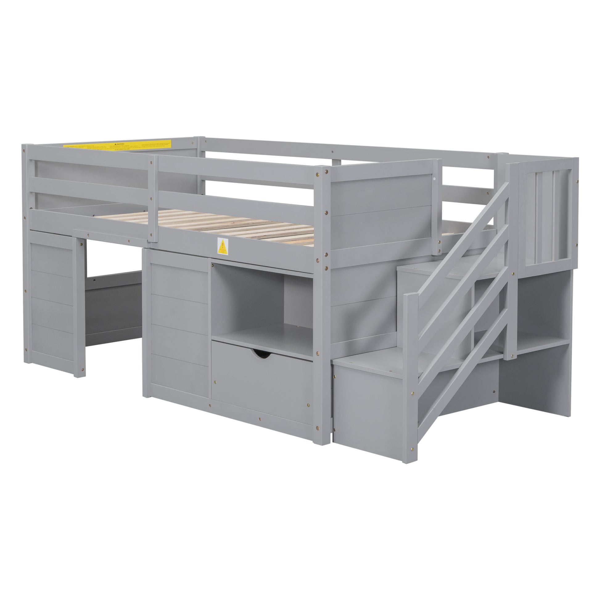 TWIN BED, SOLID WOOD TWIN SIZE LOW LOFT BED WITH STAIR, DRAWER, AND SHELF OF GREY COLOR image 9
