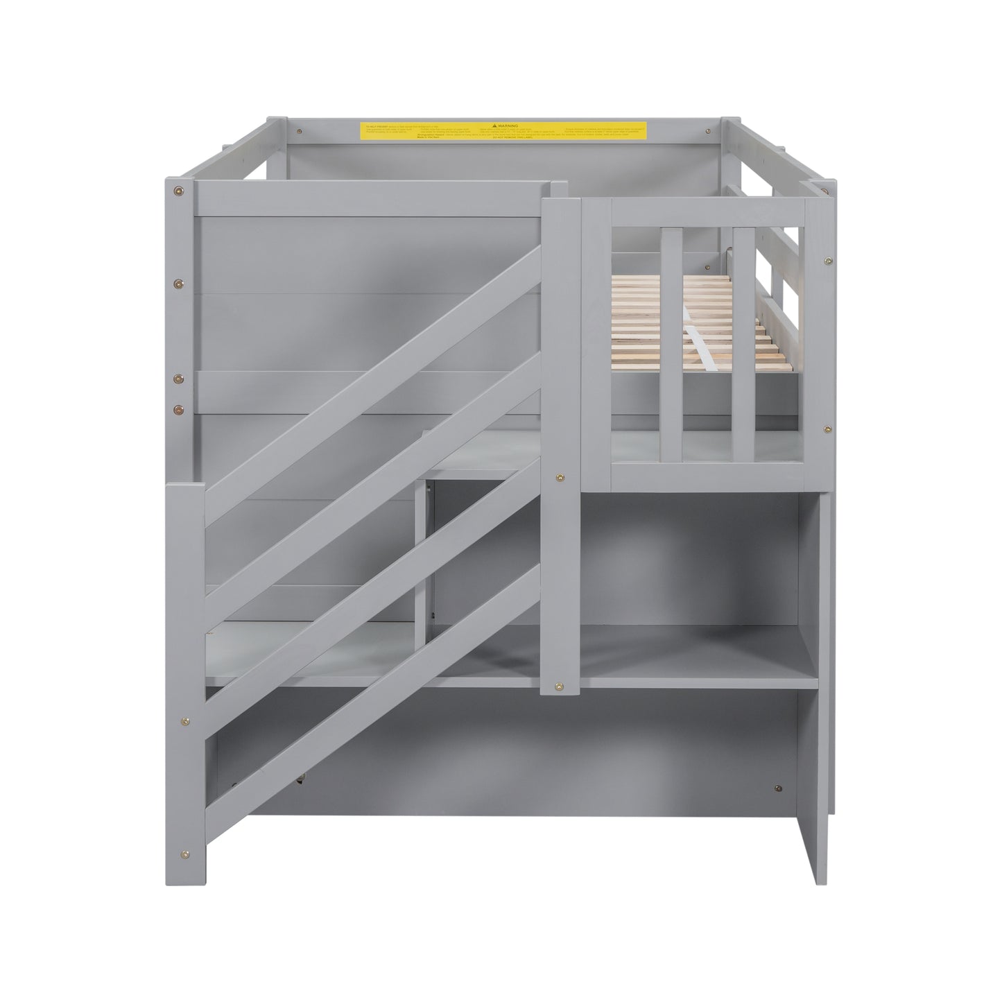 TWIN BED, SOLID WOOD TWIN SIZE LOW LOFT BED WITH STAIR, DRAWER, AND SHELF OF GREY COLOR image 10