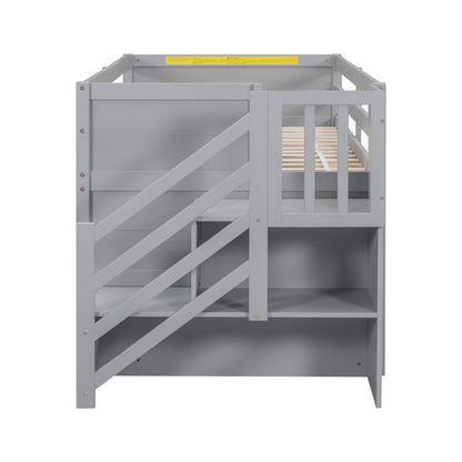 TWIN BED, SOLID WOOD TWIN SIZE LOW LOFT BED WITH STAIR, DRAWER, AND SHELF OF GREY COLOR image 10