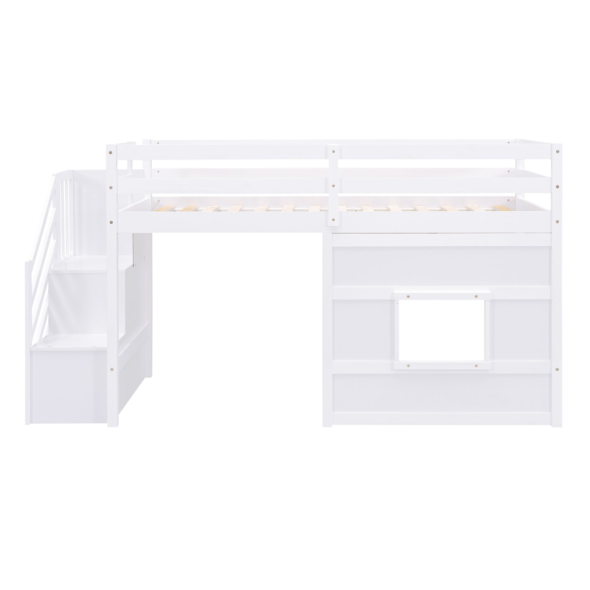 Twin Size Loft Bed with Storage Staircase and Window, With LED Light, White image 11