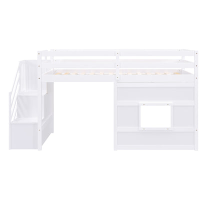 Twin Size Loft Bed with Storage Staircase and Window, With LED Light, White image 11
