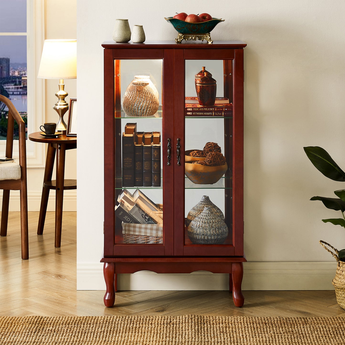 Curio Cabinet Lighted Curio Diapaly Cabinet with Adjustable Shelves and Mirrored Back Panel, Tempered Glass Doors (Cherry, 3 Tier), (E26 light bulb not included) image 4