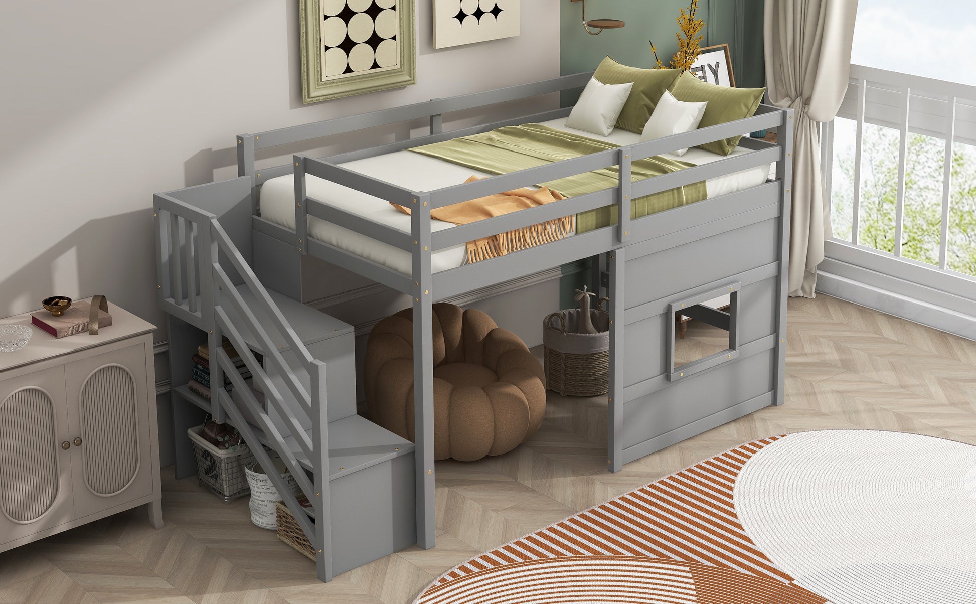 Twin Size Loft Bed with Storage Staircase and Window, With LED Light, Gray image 8