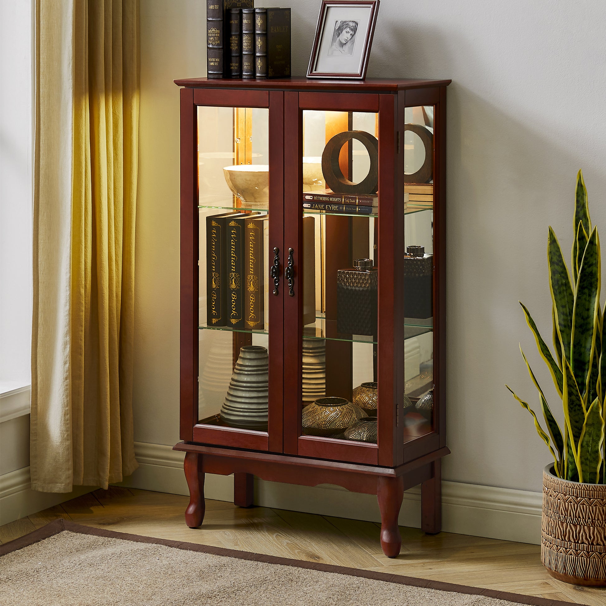 Curio Cabinet Lighted Curio Diapaly Cabinet with Adjustable Shelves and Mirrored Back Panel, Tempered Glass Doors (Cherry, 3 Tier), (E26 light bulb not included) image 7