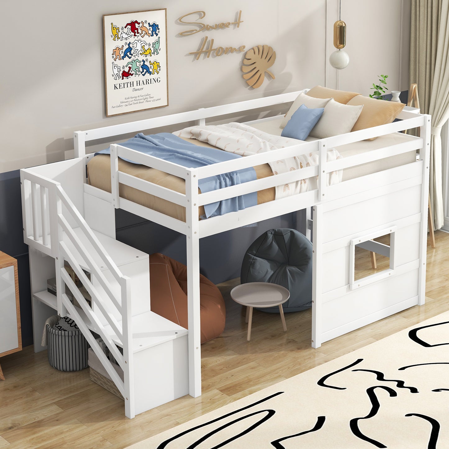 Twin Size Loft Bed with Storage Staircase and Window, With LED Light, White image 5