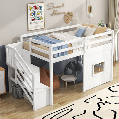 Twin Size Loft Bed with Storage Staircase and Window, With LED Light, White image 5