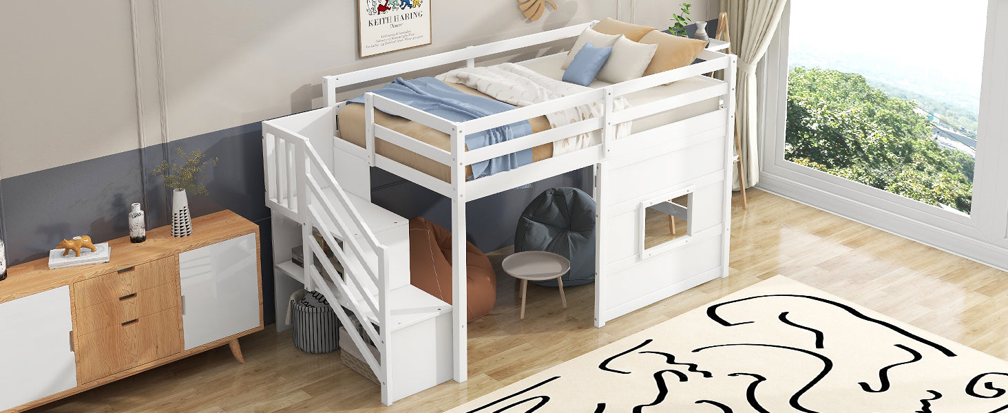 Twin Size Loft Bed with Storage Staircase and Window, With LED Light, White image 9