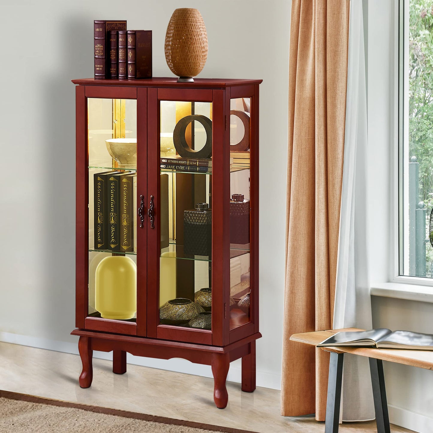 Curio Cabinet Lighted Curio Diapaly Cabinet with Adjustable Shelves and Mirrored Back Panel, Tempered Glass Doors (Cherry, 3 Tier), (E26 light bulb not included) image 3