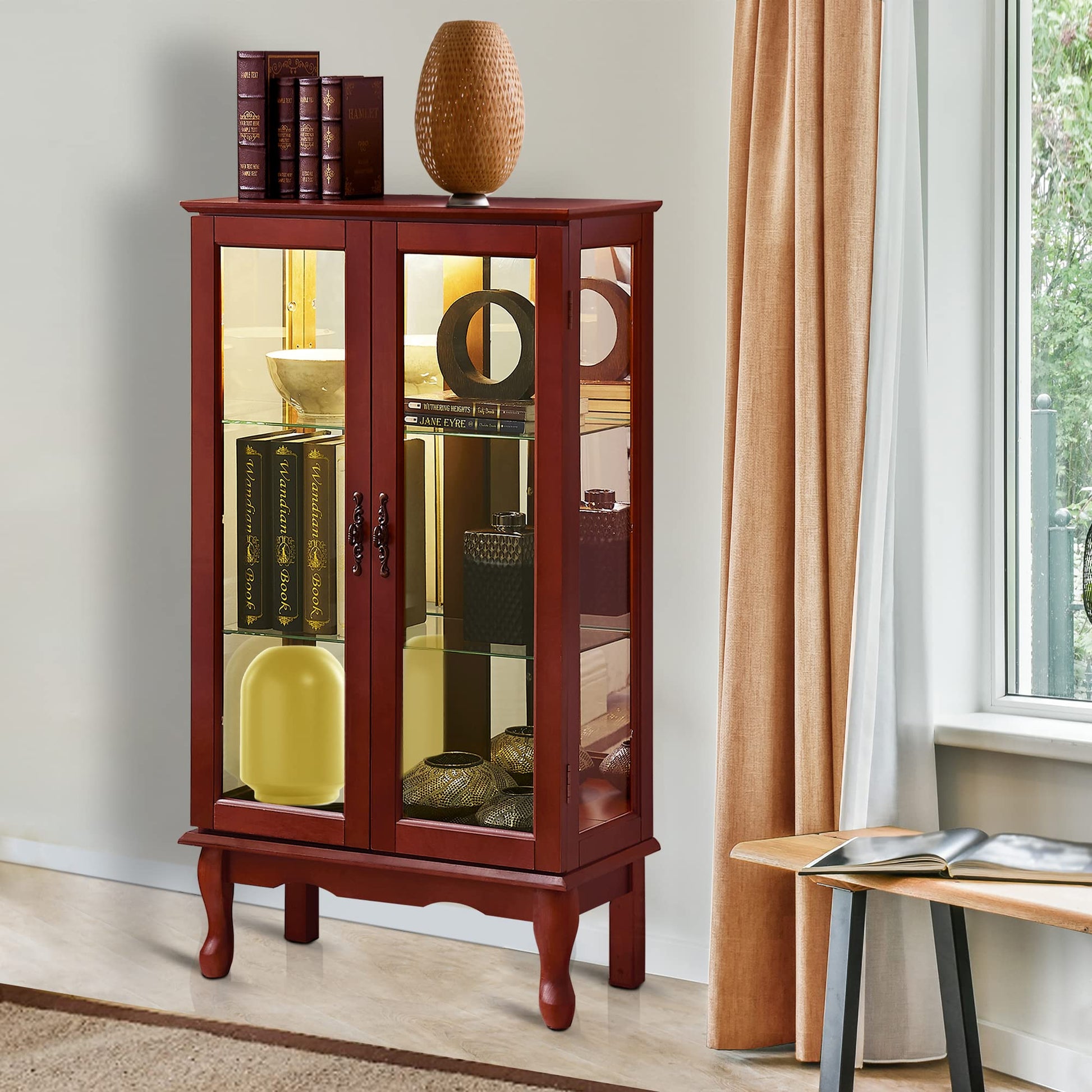 Curio Cabinet Lighted Curio Diapaly Cabinet with Adjustable Shelves and Mirrored Back Panel, Tempered Glass Doors (Cherry, 3 Tier), (E26 light bulb not included) image 3