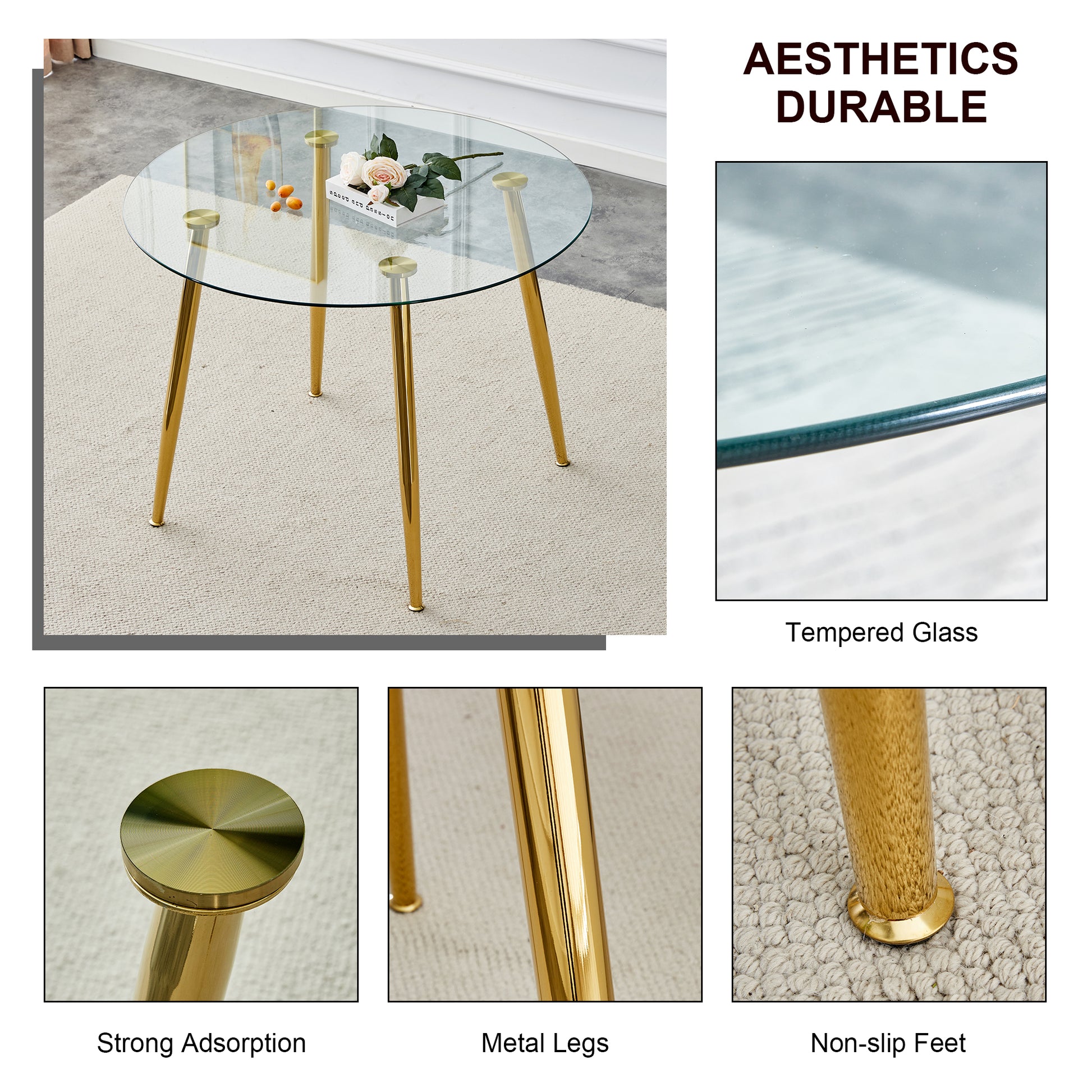 A glass tabletop with a diameter of 40 inches and a modern minimalist circular dining table with electroplated golden metal legs.Suitable for living rooms, and conference rooms.W1151S02857 image 5