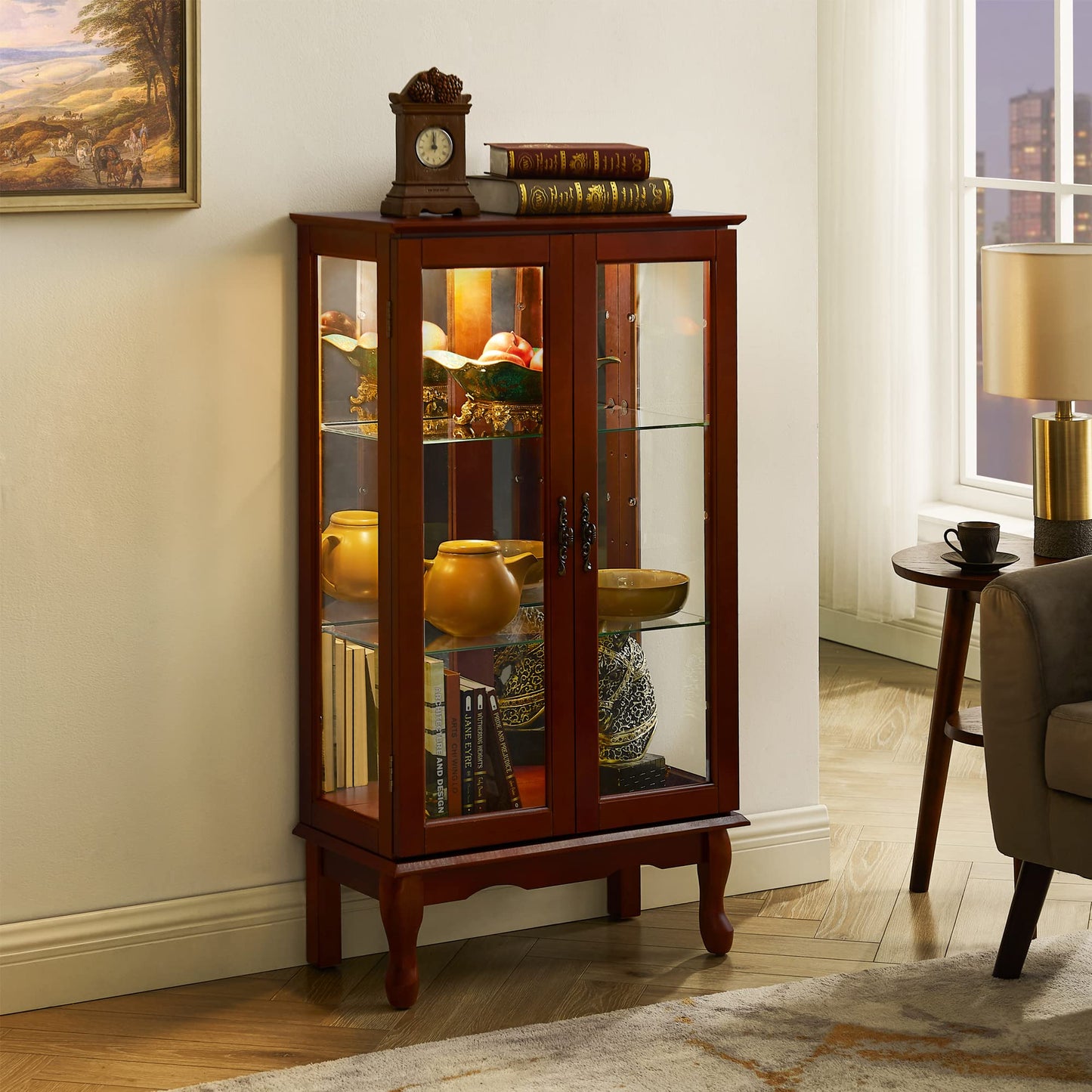 Curio Cabinet Lighted Curio Diapaly Cabinet with Adjustable Shelves and Mirrored Back Panel, Tempered Glass Doors (Cherry, 3 Tier), (E26 light bulb not included) image 6