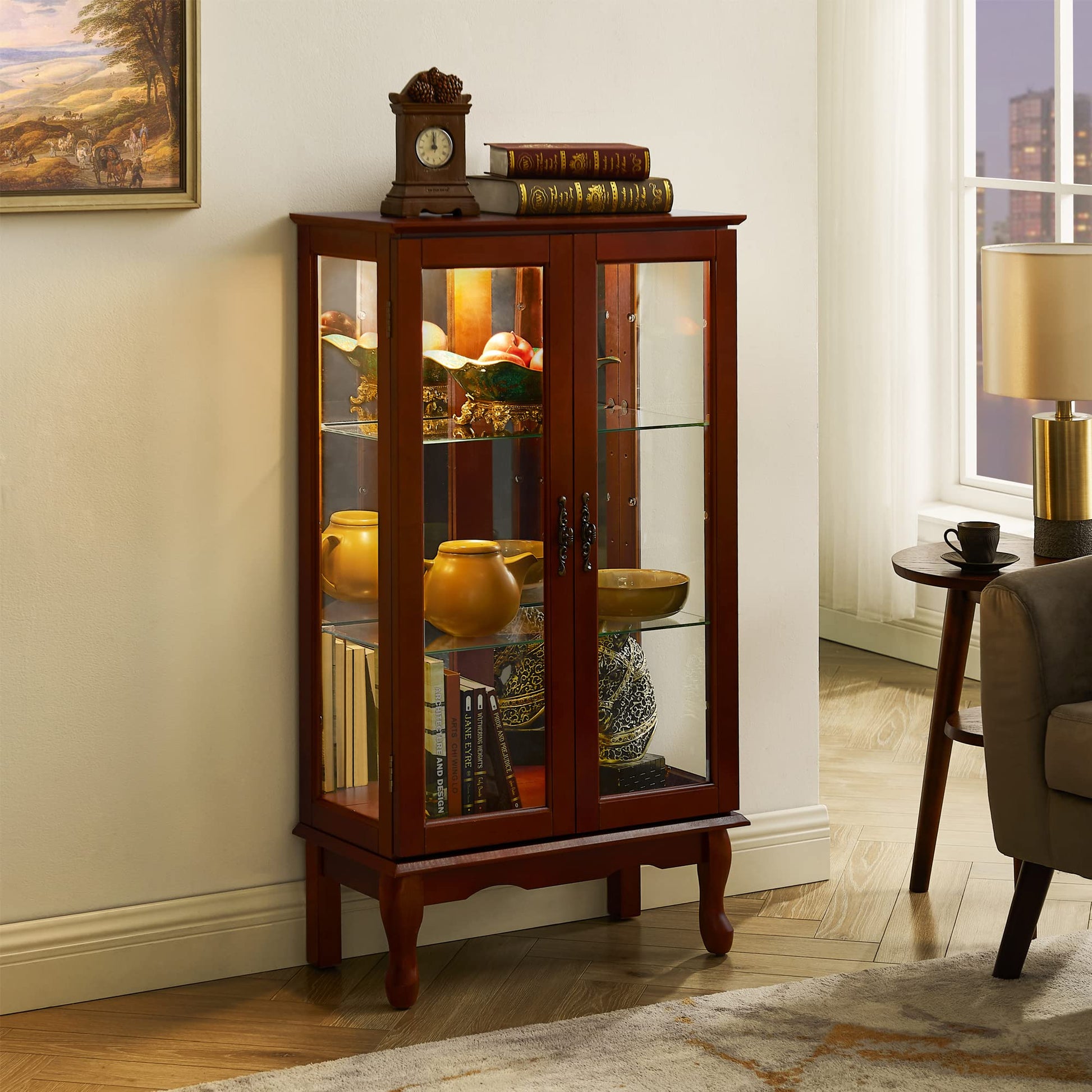 Curio Cabinet Lighted Curio Diapaly Cabinet with Adjustable Shelves and Mirrored Back Panel, Tempered Glass Doors (Cherry, 3 Tier), (E26 light bulb not included) image 6