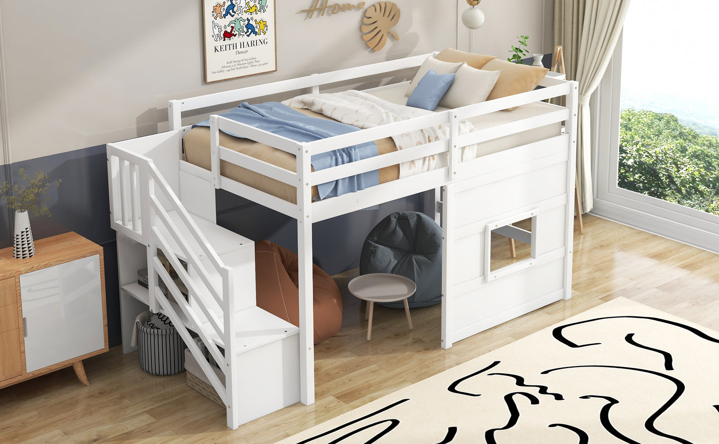 Twin Size Loft Bed with Storage Staircase and Window, With LED Light, White image 8