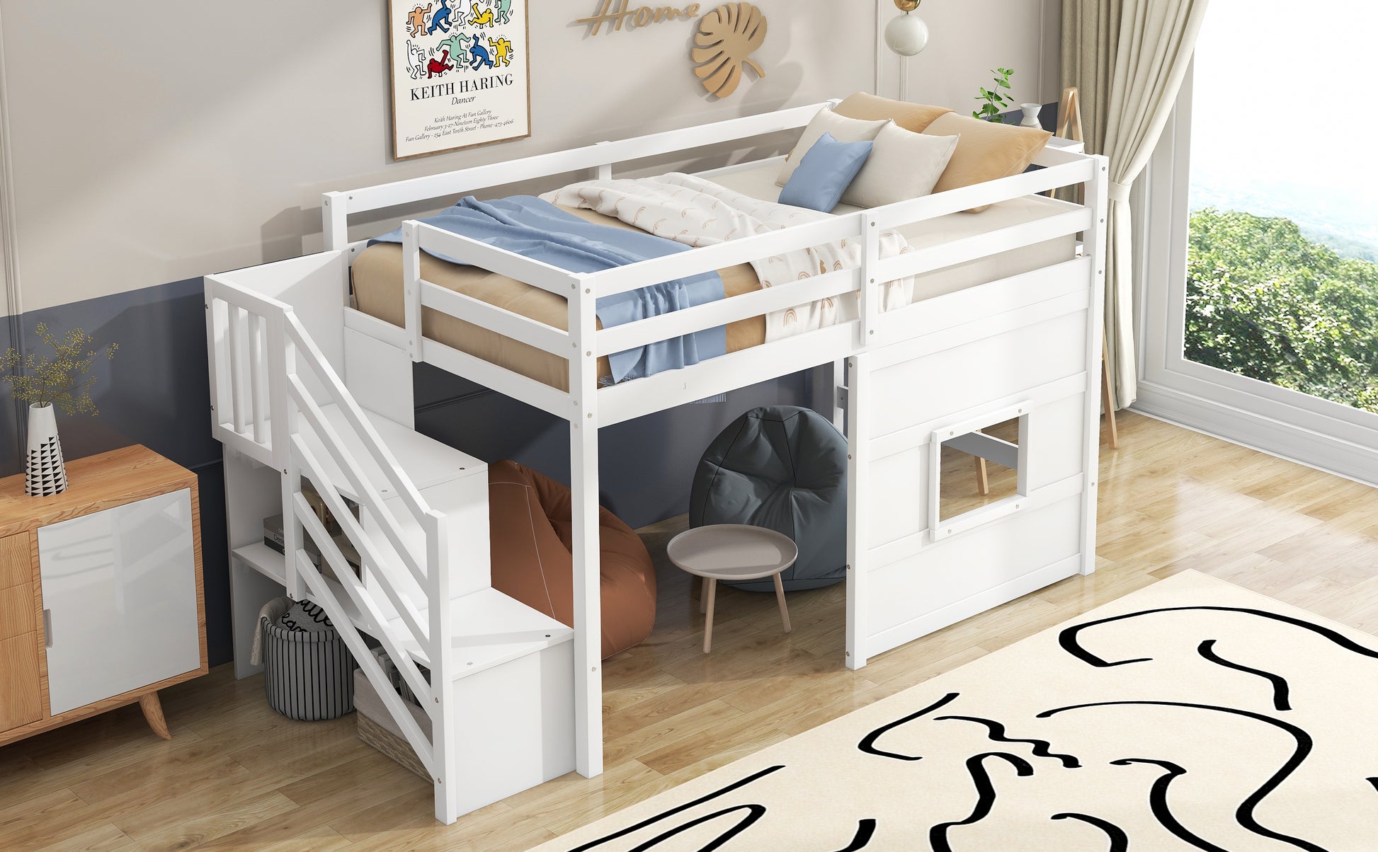 Twin Size Loft Bed with Storage Staircase and Window, With LED Light, White image 8
