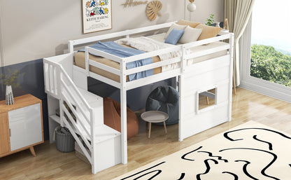 Twin Size Loft Bed with Storage Staircase and Window, With LED Light, White image 8