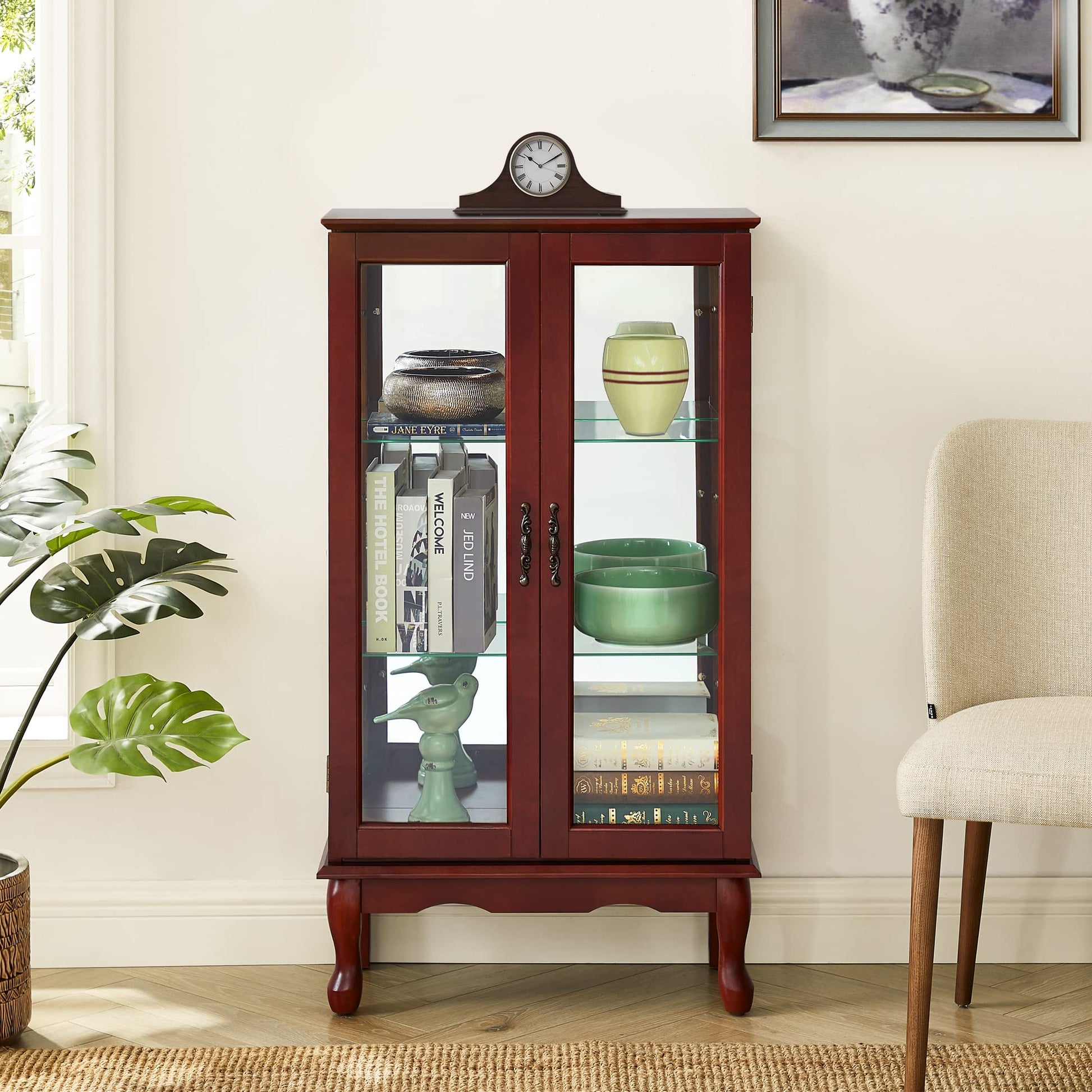 Curio Cabinet Lighted Curio Diapaly Cabinet with Adjustable Shelves and Mirrored Back Panel, Tempered Glass Doors (Cherry, 3 Tier), (E26 light bulb not included) image 5