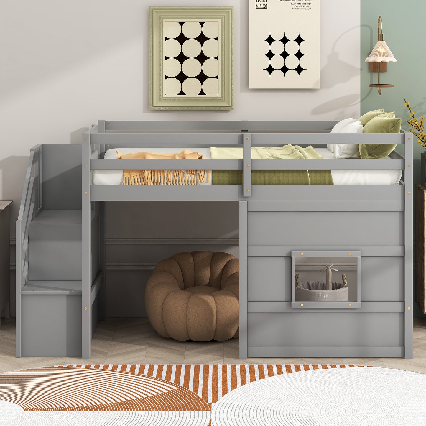 Twin Size Loft Bed with Storage Staircase and Window, With LED Light, Gray image 6