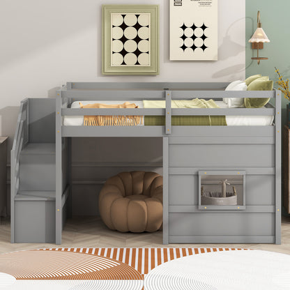 Twin Size Loft Bed with Storage Staircase and Window, With LED Light, Gray image 6