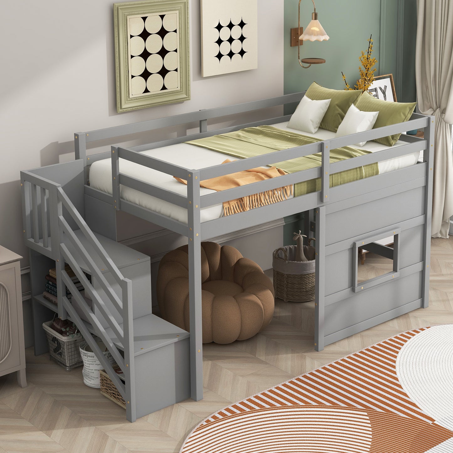 Twin Size Loft Bed with Storage Staircase and Window, With LED Light, Gray image 5