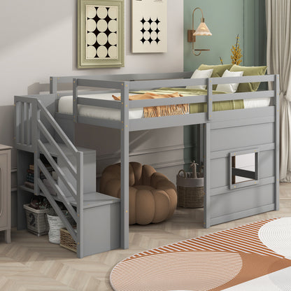 Twin Size Loft Bed with Storage Staircase and Window, With LED Light, Gray image 7