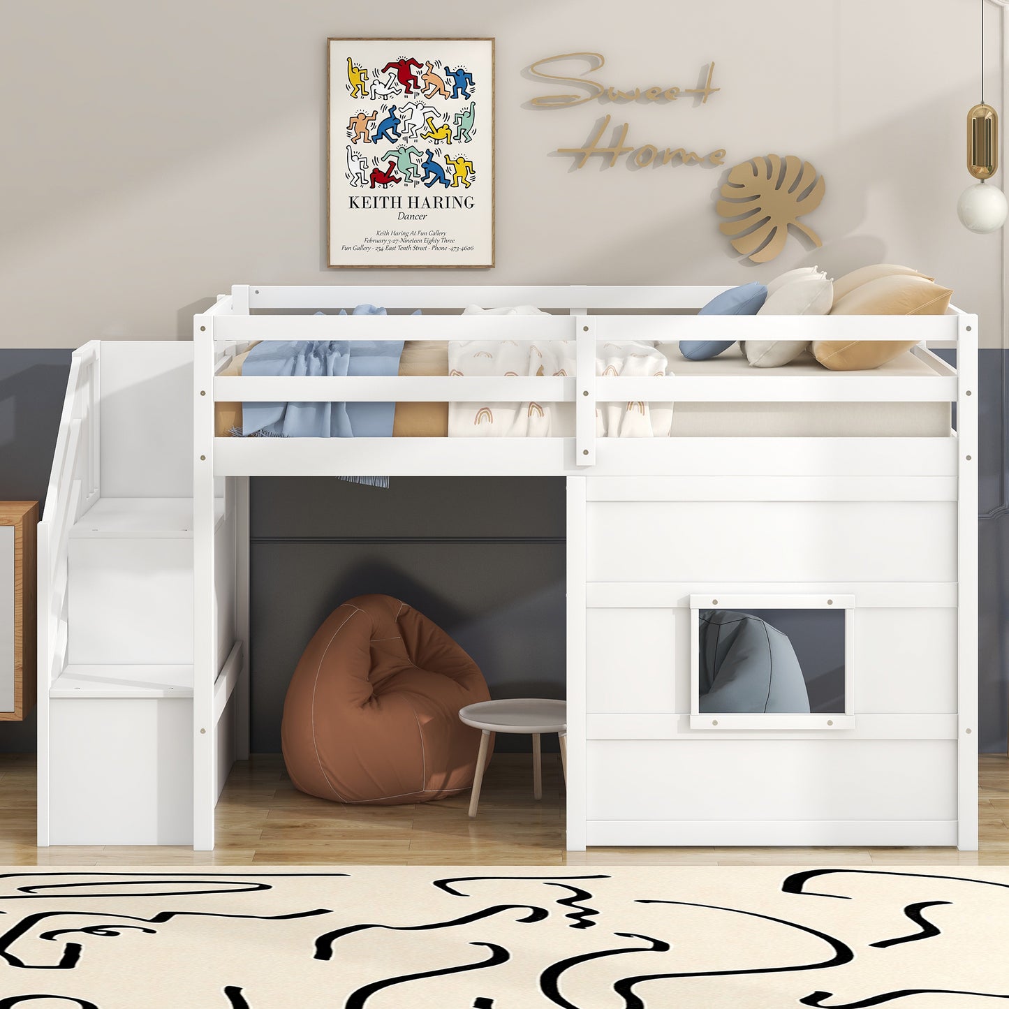 Twin Size Loft Bed with Storage Staircase and Window, With LED Light, White image 7