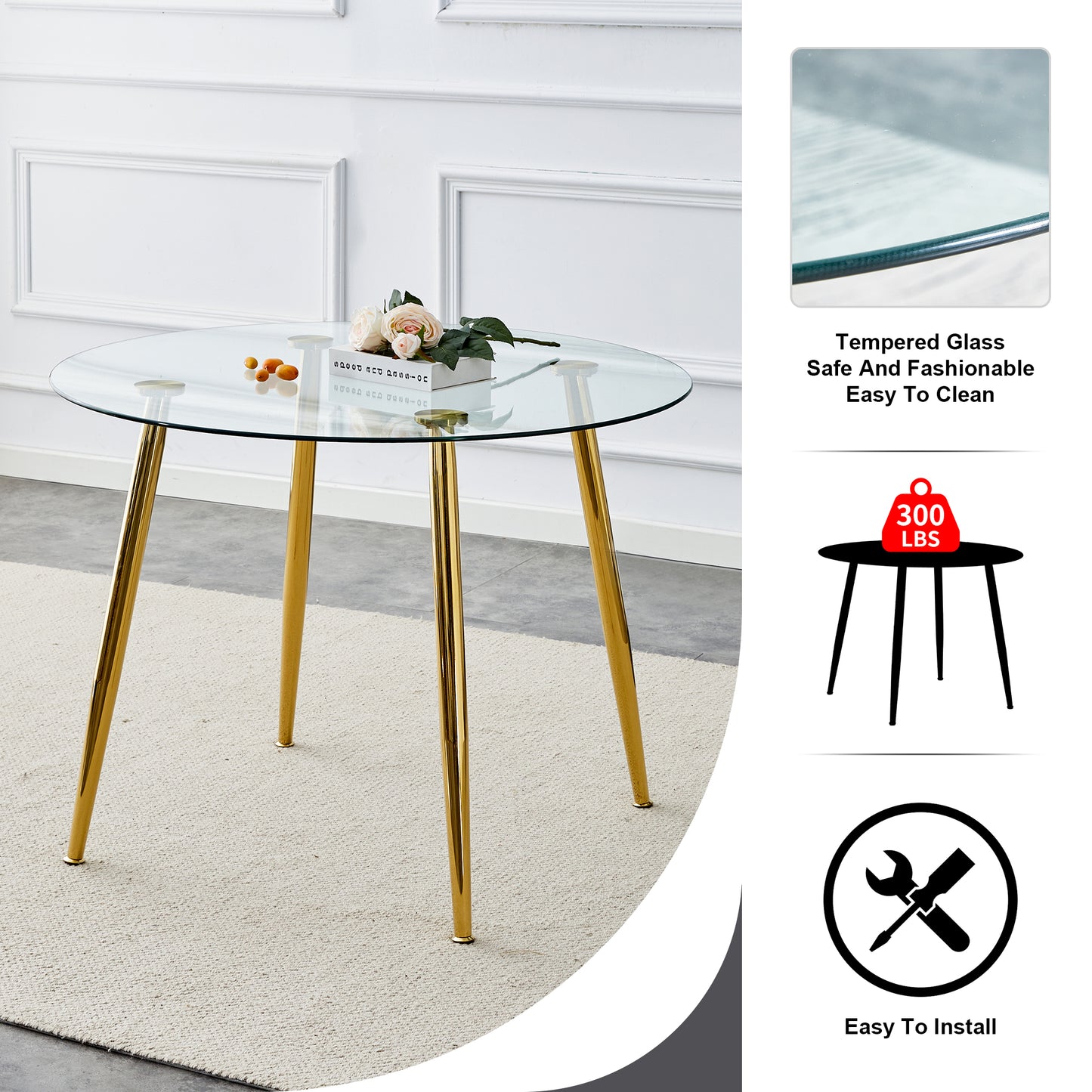 A glass tabletop with a diameter of 40 inches and a modern minimalist circular dining table with electroplated golden metal legs.Suitable for living rooms, and conference rooms.W1151S02857 image 6