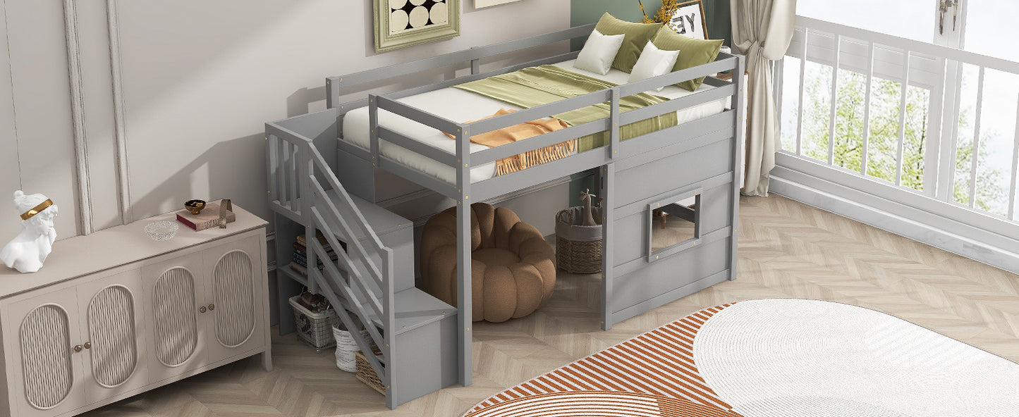 Twin Size Loft Bed with Storage Staircase and Window, With LED Light, Gray image 9
