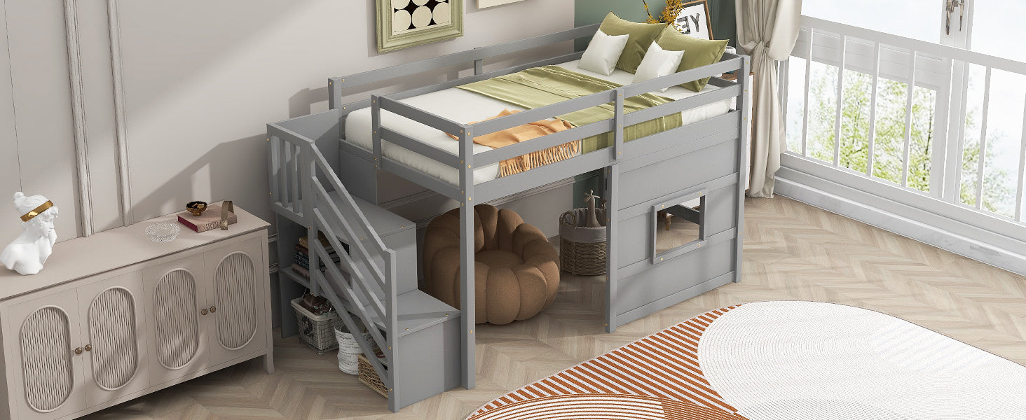 Twin Size Loft Bed with Storage Staircase and Window, With LED Light, Gray image 9